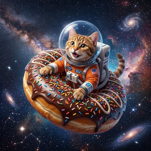 Cat Astronaut Floating in Space on a Glazed Doughnut