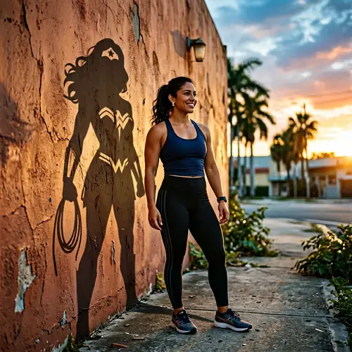 Hispanic Woman Superheroine Wall Art | Athletic Gear Sunset Shadow