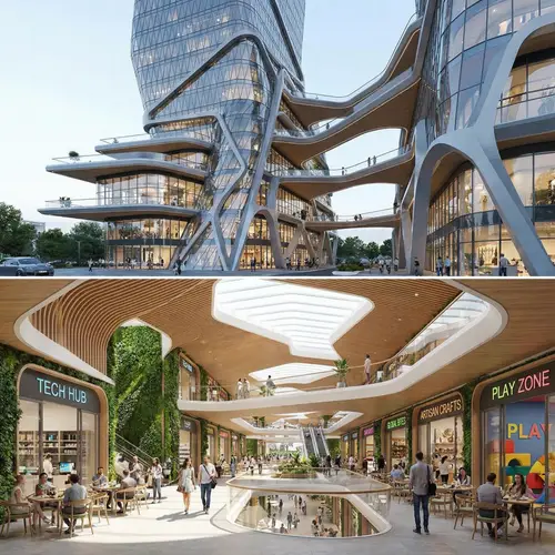 Innovative Three-Level Shopping Center with Diverse Stores & Eateries