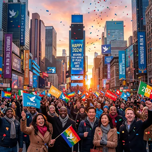 Happy 2024: Cityscape Sunrise Celebration for Peace and Prosperity