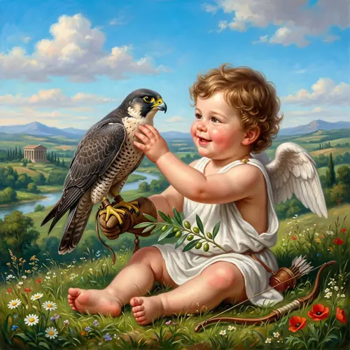 Cupid and Falcon: Roman God of Love with Majestic Bird
