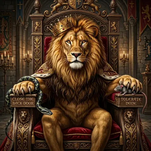Majestic Lion Throne with Crown and Symbolic Animals