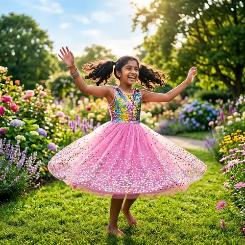 Joyful South Asian Girl in Pink Dress Twirling in Blooming Park