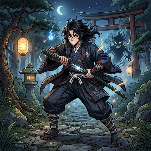 Anime Ghost Slayer Character with Wavy Black Hair and Two-Tone Eyes