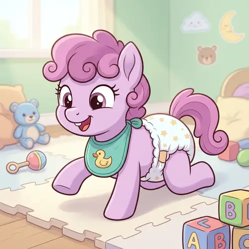 Cute Cartoon Pony in Diaper Crawling with Baby Tooth and Bib