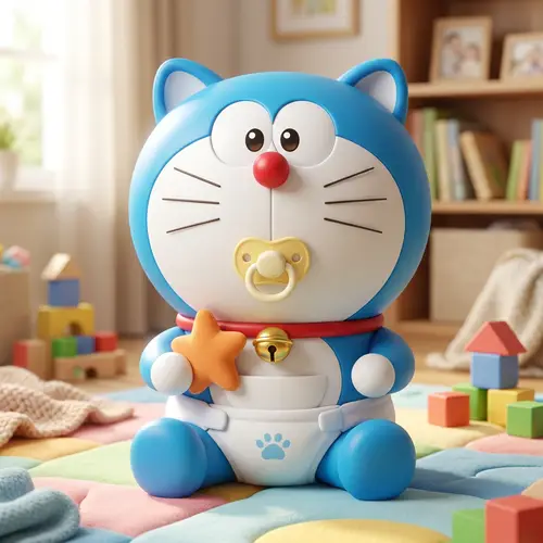 Round Robotic Cat with Blue Body and White Face