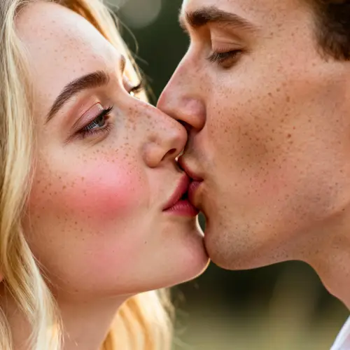 Tender Kiss of a Freckled Couple in Soft Light