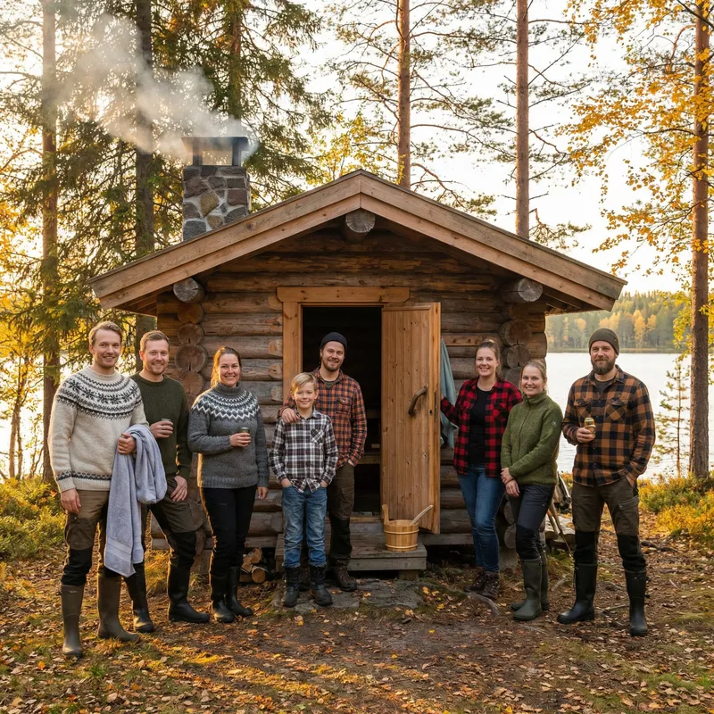 People in Front of Charming Log Cabin Sauna
