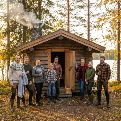 People in Front of Beautiful Log Cabin Sauna