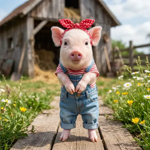 Cute Piglet with Human Traits in Denim Outfit