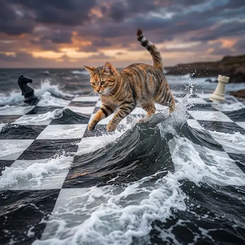 Playful Tabby Cat Surfing on Giant Chess Board
