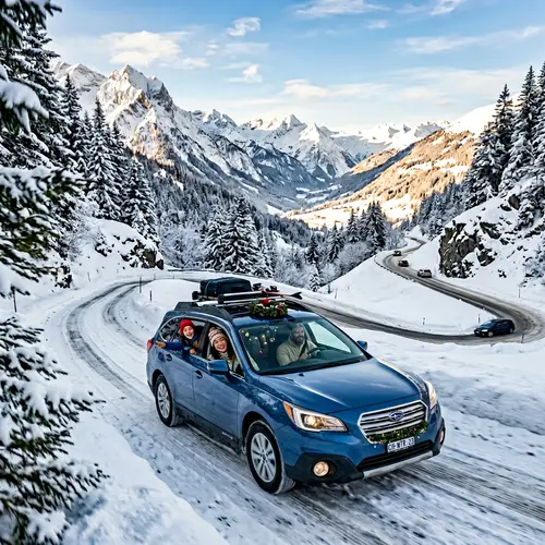 Multicultural Family Holiday Drive Through Snowy Mountain Pass