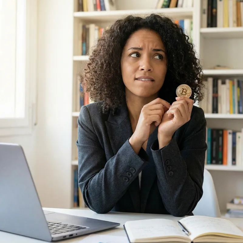 Thoughtful Woman Holding Bitcoin - Crypto Insights