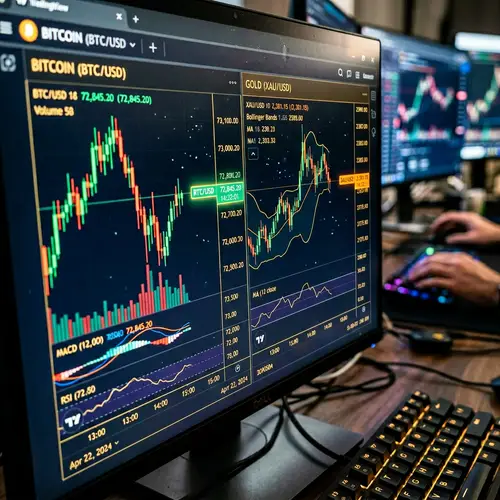 Hyperrealistic Trading Screen: Bitcoin & Gold Charts