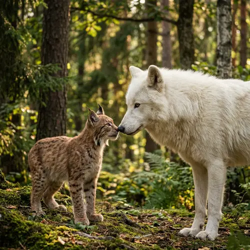 Petite Lynx and White Wolf: Intimate Moment in Forest