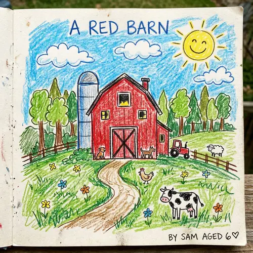Charming Kid Art: Red Barn in Nature