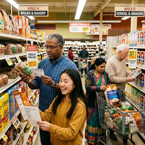 Diverse Shoppers at Grocery Store Finding Deals for Maximum Savings