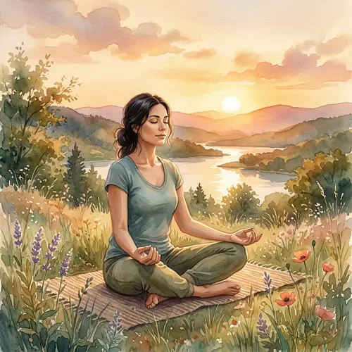 Serene Yoga Practice in Golden Hour Watercolors