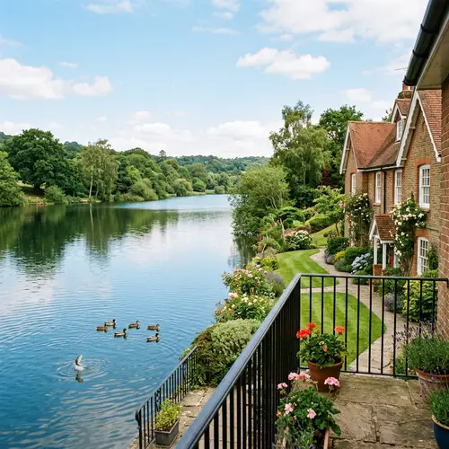 Serene Lakefront Two-Story Terrace House with Traditional Architectural Style