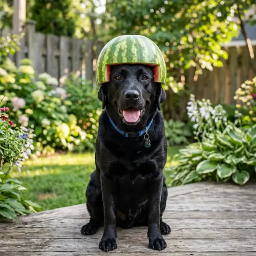 Black Labrador with Watermelon on Head
