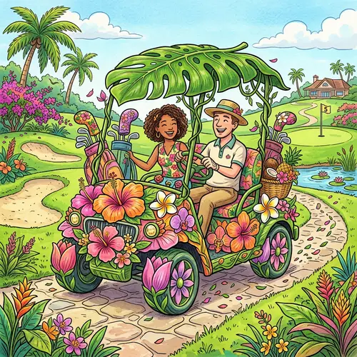 Whimsical Floral Golf Cart - Tropical Paradise Design