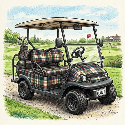 Colorful Plaid Golf Cart Drawing | Hand-Drawn Artwork