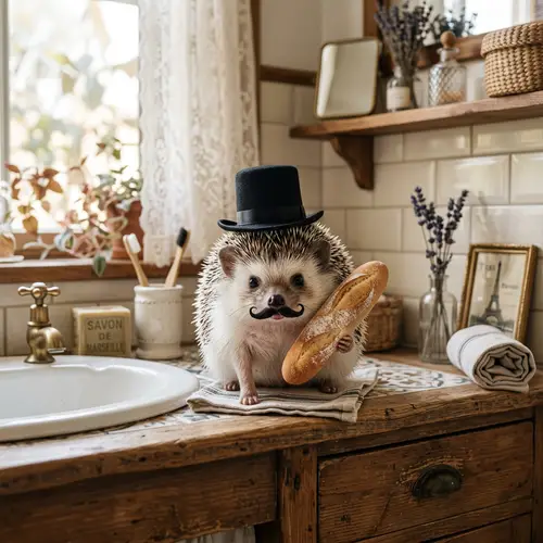 Quirky Hedgehog in French-Themed Bathroom with Mustache & Baguette