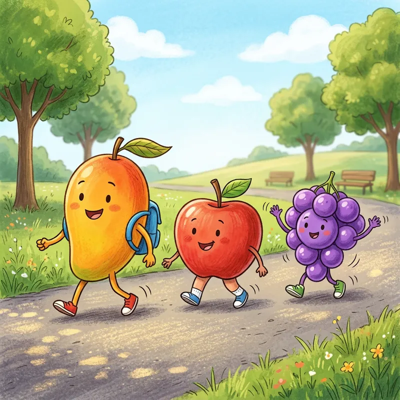 Mango, Apple, and Grape Strolling Together Mango, Apple, and Grape Strolling Together
