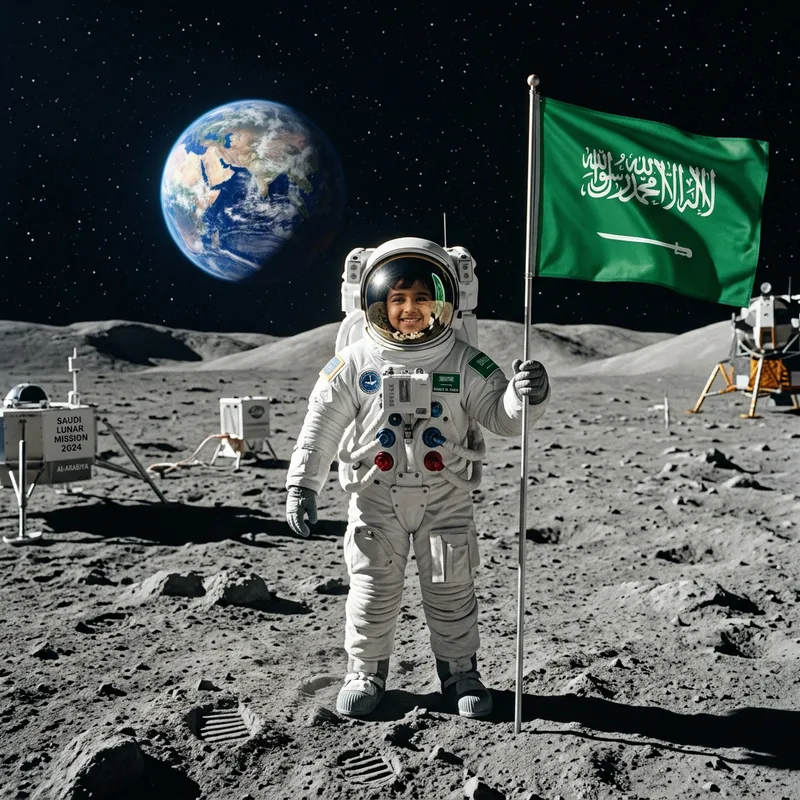 Child Holding Saudi Arabian Flag on Moon