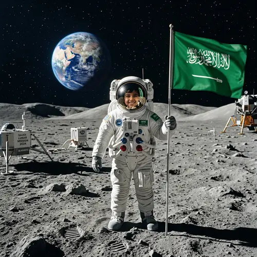 Child with Saudi Arabia Flag on Moon