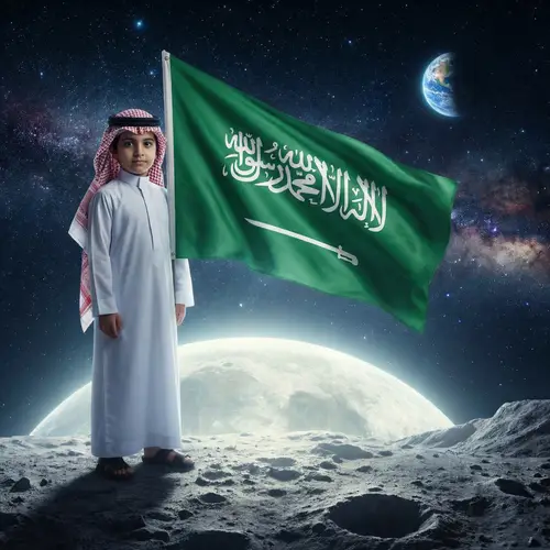 Young Middle Eastern Child Waving Saudi Arabian Flag on Moon
