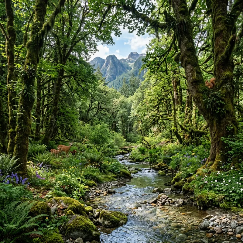 Majestic Forest Canopy: Towering Trees, Ferns & Wildlife