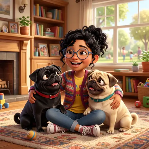 Young Hispanic Girl with Pugs in Warm Pixar Scene