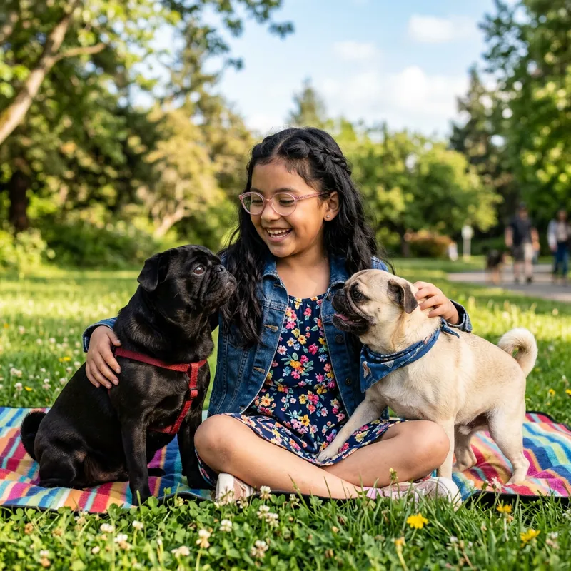 Young Hispanic Girl with Black Hair and Pugs