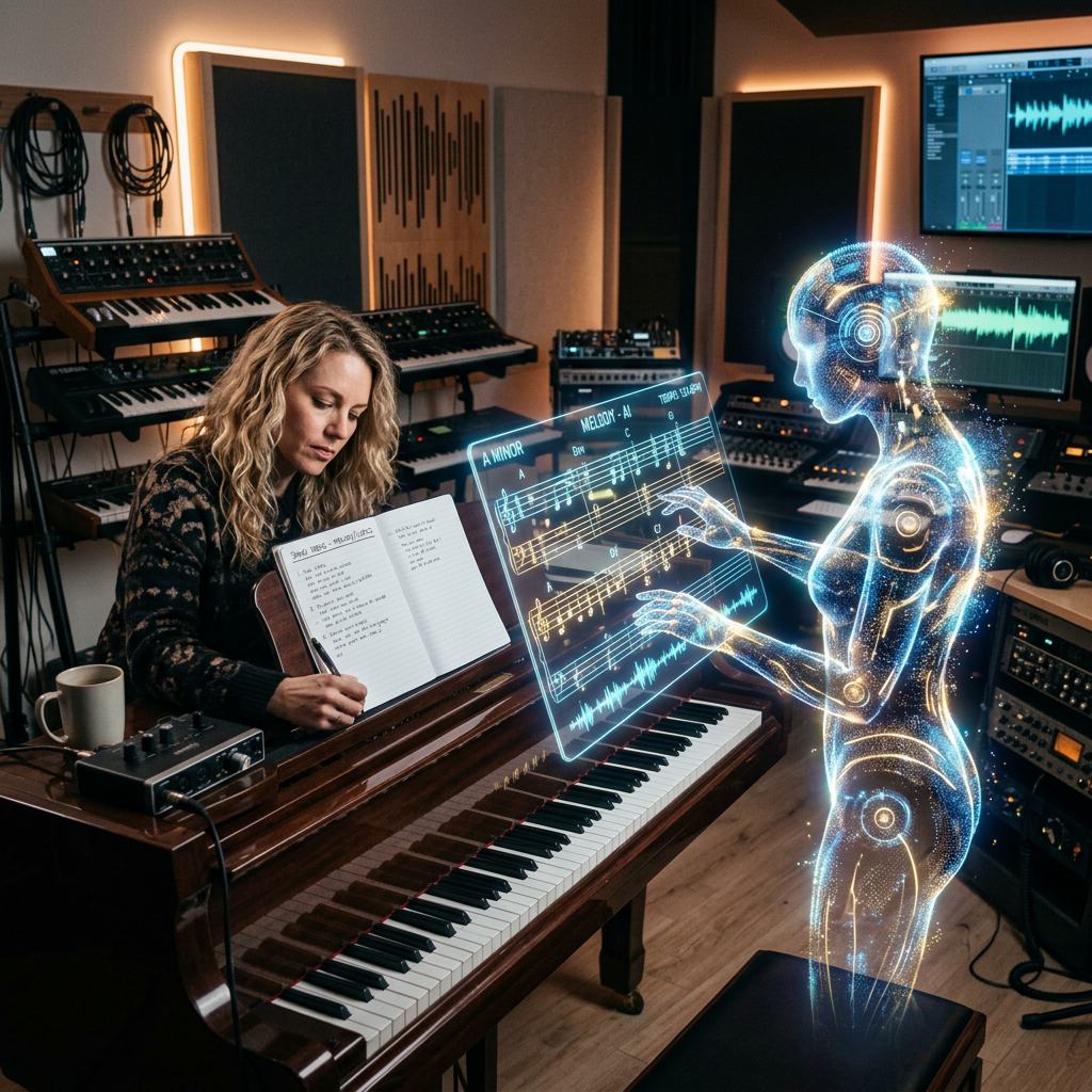 An AI-generated image representing collaboration between humans and machines in music creation.
