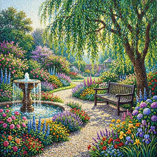 Sunlit Garden Pointillist Oil Painting