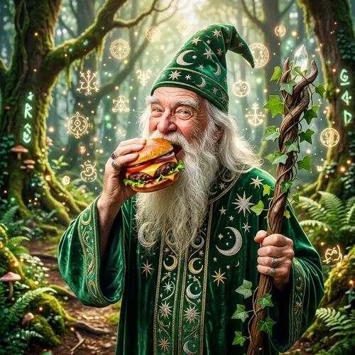 Green Wizard Enjoying a Delicious Hamburger