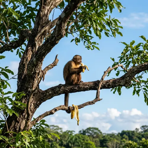 Lone Monkey Enjoying Banana on Tall Tree | Peaceful Scene