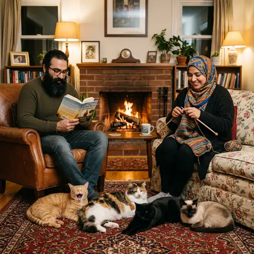 Cozy Moments: Beard Man & Hijab Woman with Cats