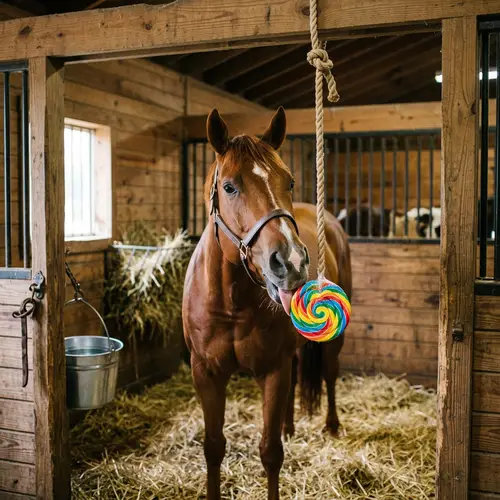 Curious Horse Enjoying Colorful Candy in Wooden Stall