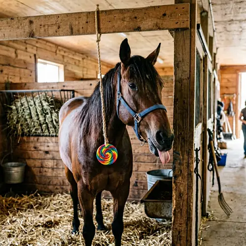 Adorable Horse Enjoying a Sweet Lollipop in Stable