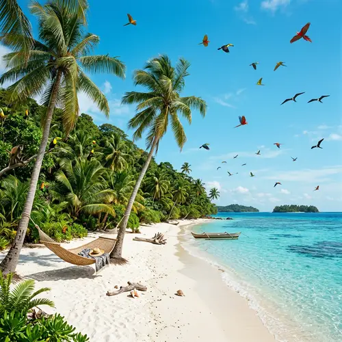 Tropical Paradise: Serene Sea, Palm Trees, Wildlife & Hammock