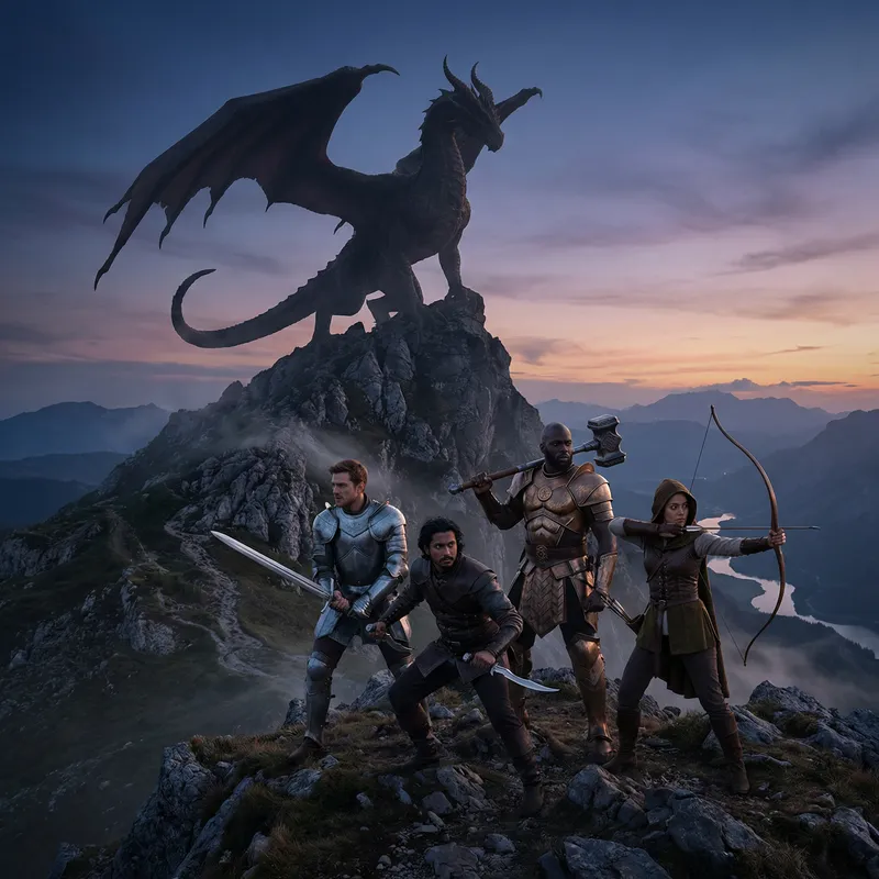 Majestic Dragon and Warriors on Rugged Mountain Peak