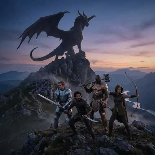 Majestic Dragon and Four Warriors at Rugged Mountain Peak