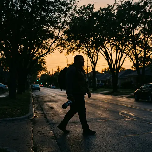 Robust Photographer Silhouette Walking Down Street