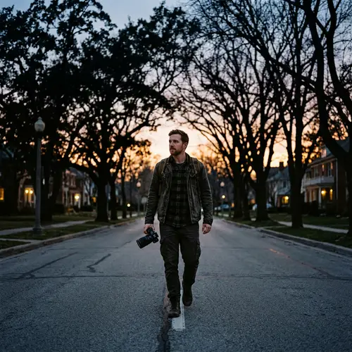Caucasian Male Photographer Walking with Camera in Street