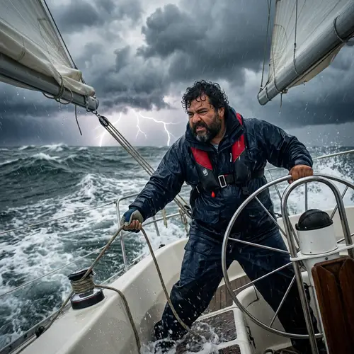 Hispanic Man Battling Storm at Sea in Small Sailboat