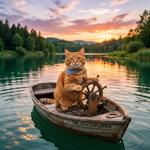 Playful Orange Tabby Cat Steering Wooden Boat