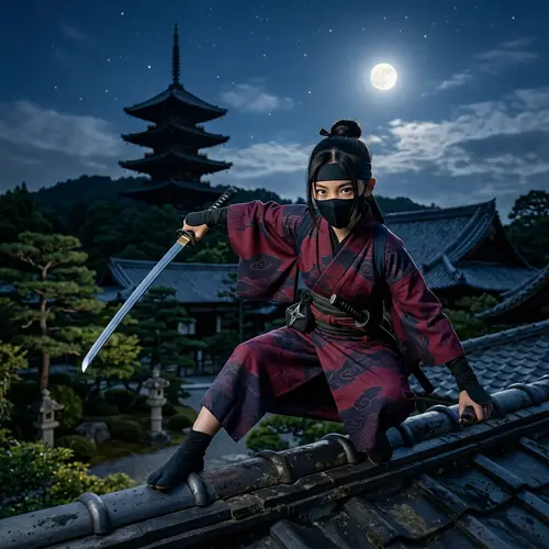 Asian Ninja Girl in Traditional Kimono | Combat Pose