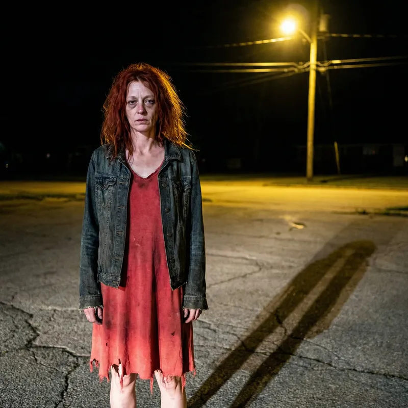 Eerie Urban Portrait of a Red-Haired Woman | Emotional Contrast with a Prostituta